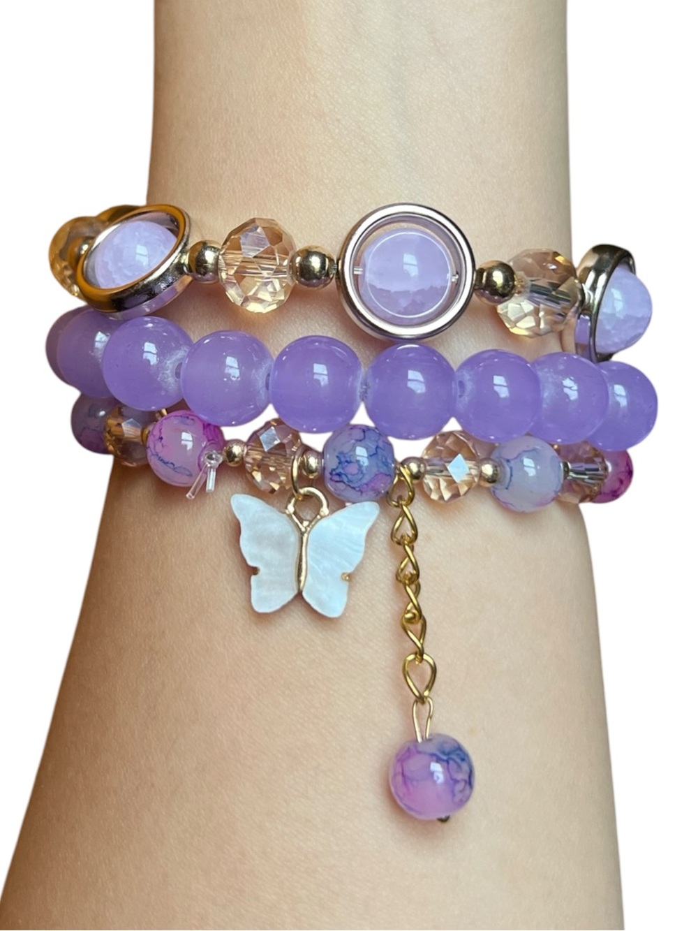 Light Purple Butterfly Charm Beaded 3 Pieces Stretch Bracelet Set NWOT
